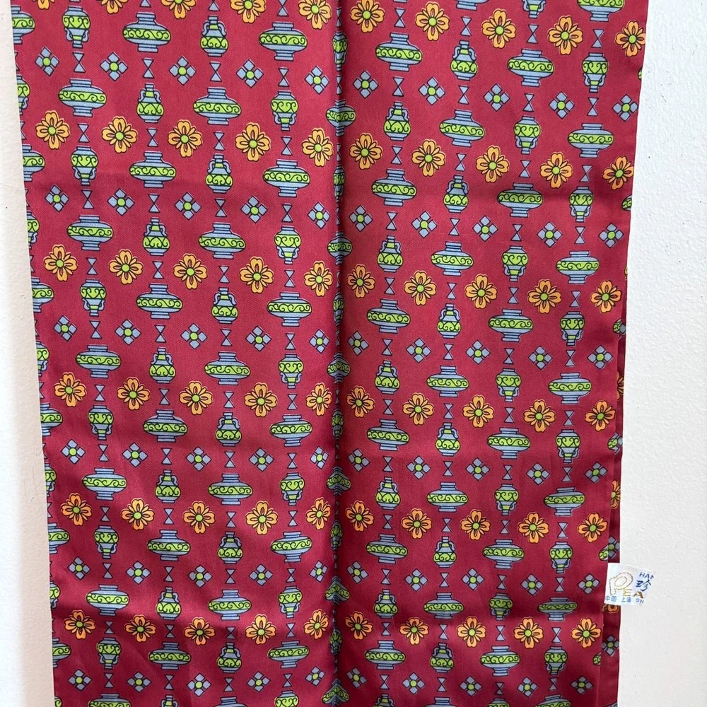 Vintage Pearl Hand Printed Silk Scarf Burgundy Red Vessel Print Fringe One Size